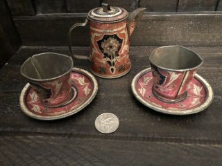 Antique Ohio Art? Tin Litho Childrens Tea Set Child Victorian Era Doll Size