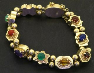 Heavy Antique 14k Gold Elegant 14.  0ct Multi - Gemstone Slide Link Chain Bracelet