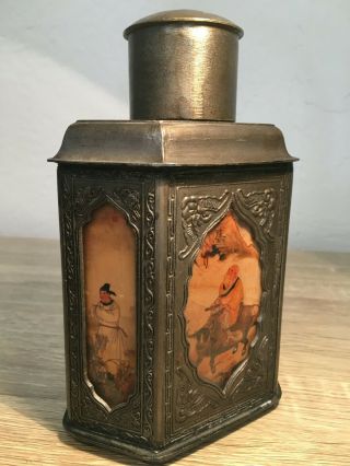 Vintage Chinese Pewter Tea Caddy 6 Panel Painted Glass Sides Antique 3