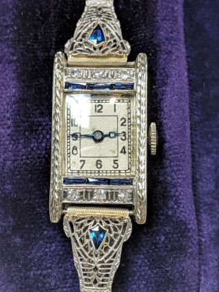 Antique 1920s 18k Gold 14k Gold Diamond And Sapphire Ladies Filigree Watch