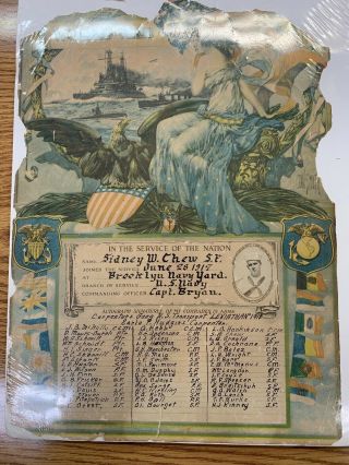 1917 World War 1 " Leviathan " Brooklyn Naval Yard Certificate Of Service