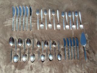 GEORG JENSEN Mid Century Mod Cypress Sterling Silver Flatware 36 Piece 3lb 14ozs 12