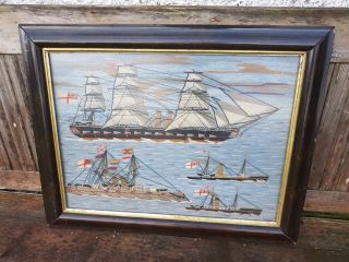 Antique Sailors Woolwork Picture C1870 Multiple Ships