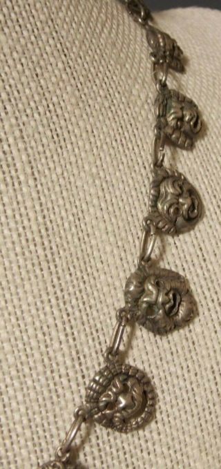 Antique Sterling Silver Necklace GARGOYLE Devil MASKS Poss.  Cini Theater Drama 5