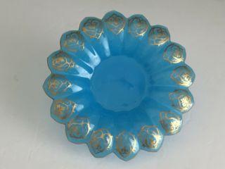 Antique French Blue Opaline Glass Flower Form Plate Gold Gilt Polished Pontil