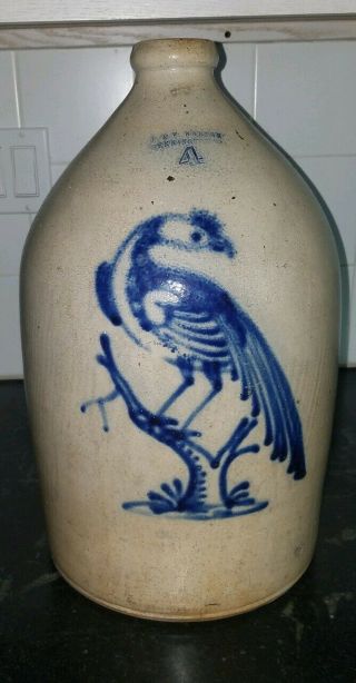 Antique Bennington Crock Jug - Very Rare Peacock Decoration