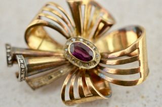 Antique French 18k gold sapphire/amethyst diamond bow brooch owned by Mirka Mora 3