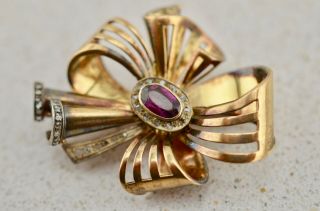 Antique French 18k gold sapphire/amethyst diamond bow brooch owned by Mirka Mora 4