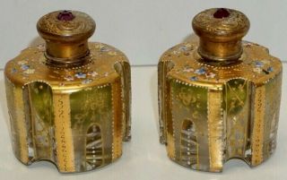 Vintage Hand Painted Heavy Glass Perfume Bottles Embossed W/flowers