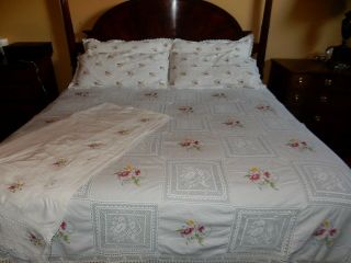 Vintage,  Hand Sewn,  Linen,  Crotchet Lace,  Needlepoint,  6pc King Size,  Bed Linen Set