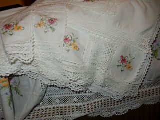 Vintage,  Hand Sewn,  Linen,  Crotchet Lace,  Needlepoint,  6pc King Size,  Bed Linen Set 6