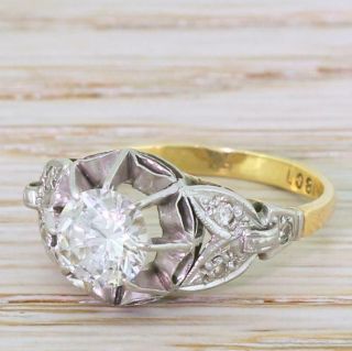 Mid Century 0.  86ct Transitional Cut Diamond Engagement Ring - 18k & Plat - C 1950
