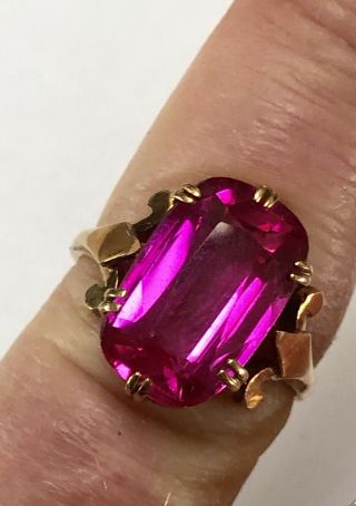 Rare Pink Sapphire Emerald Cut Antique Vintage Hallmarked 9 Ct K Gold Ring
