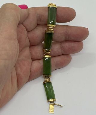 Vintage Chinese Vermeil Gold Over Silver Green Jade Link Bracelet