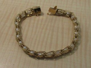 14k Yellow Gold Jewelry Vintage Caged Pearl Link Bracelet Box Tab Clasp 7.  25 "
