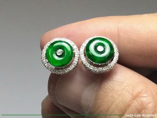 Donut Rich Emerald Green Jadeite Jade 18k White Gold Diamond Studded Earrings