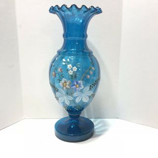 Vintage 12 " Teal Blue Blown Art Glass Vase With Ruffled Top Hand Painted Flowers