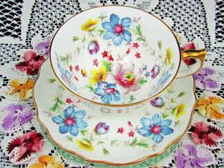 Aynsley Blue And Yellow Floral Tea Cup And Saucer Teacup