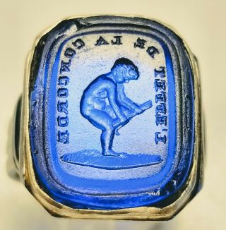 Vintage Men ' s Platinum Ring With Blue Glass French Intaglio Wax Seal Size 8.  25 2