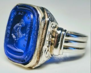 Vintage Men ' s Platinum Ring With Blue Glass French Intaglio Wax Seal Size 8.  25 3