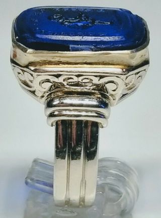 Vintage Men ' s Platinum Ring With Blue Glass French Intaglio Wax Seal Size 8.  25 4