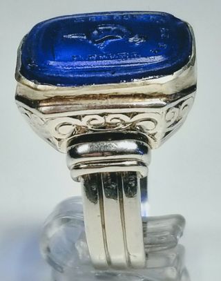 Vintage Men ' s Platinum Ring With Blue Glass French Intaglio Wax Seal Size 8.  25 5