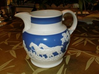 Adams Antique Blue And White Jasperware Pitcher With Hunt Scene,  Acanthus
