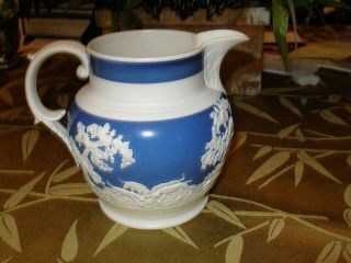 Adams antique blue and white jasperware pitcher with hunt scene,  acanthus 2