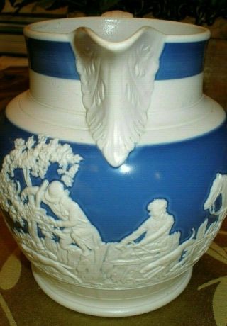 Adams antique blue and white jasperware pitcher with hunt scene,  acanthus 4