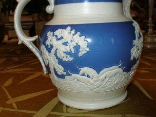 Adams antique blue and white jasperware pitcher with hunt scene,  acanthus 6
