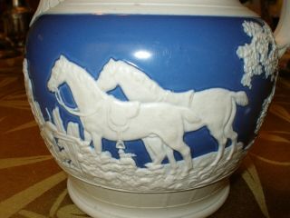 Adams antique blue and white jasperware pitcher with hunt scene,  acanthus 7