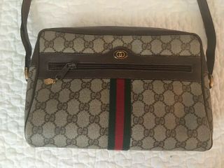 Vintage Gucci Signature Logo Brown Leather Stripe Shoulder Crossbody Purse Bag