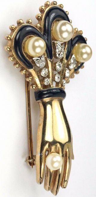Trifari ' Alfred Philippe  Empress Eugenie ' Gold and Pearls Hand Pin Clip 2