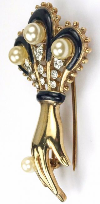 Trifari ' Alfred Philippe  Empress Eugenie ' Gold and Pearls Hand Pin Clip 5