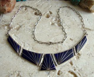 Vintage Teme Navajo Sterling Silver Lapis Mosaic Inlay Necklace Signed