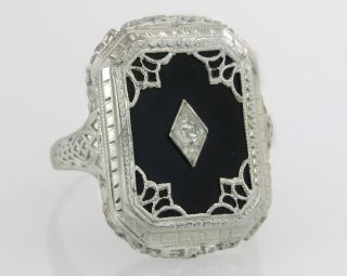 Antique Estate Filigree 14k White Gold Onyx & Diamond Art Deco Ring