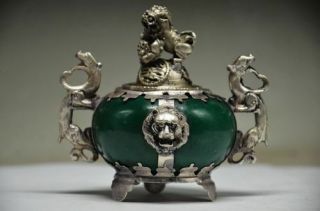 Chinese Old Tibetan Silver Dragon Inlaid Jade Handmade Carved Lion Incense Burne