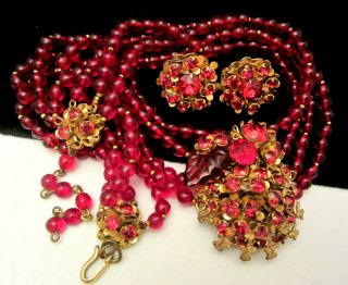 Vintage Signed Miriam Haskell Red Glass Rhinestone 16 " X2 " Necklace & Earring Set