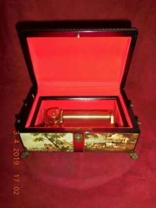 VINTAGE REUGE SWISS MUSIC BOX W/ LION FEET & KEY 4 TUNE 50 NOTE PRISTINE 9