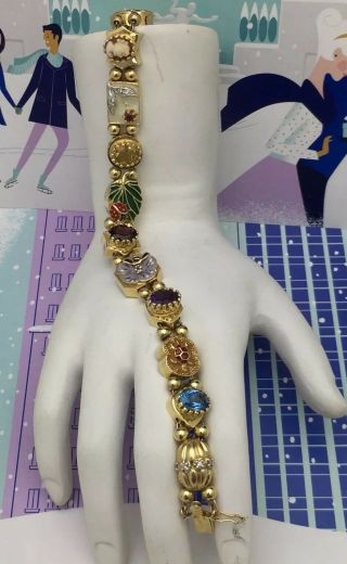 Vintage Retro 14k Yellow Gold Gemstone Charm Slide Bracelet Chain Guard 30.  2g