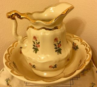 Large Pitcher And Basin Water Bowl Ivory Cream Beige Pink Rose Flowers Gold 1896