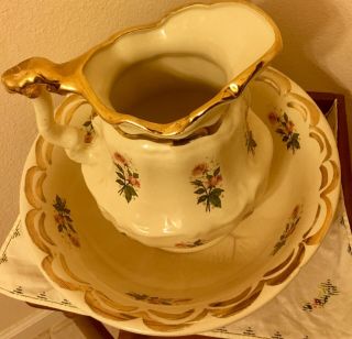 Large Pitcher and Basin Water Bowl Ivory Cream Beige Pink Rose Flowers Gold 1896 2