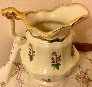 Large Pitcher and Basin Water Bowl Ivory Cream Beige Pink Rose Flowers Gold 1896 3