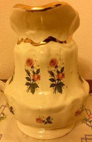Large Pitcher and Basin Water Bowl Ivory Cream Beige Pink Rose Flowers Gold 1896 4