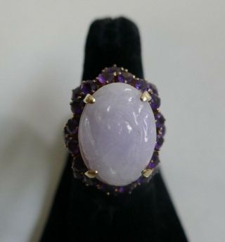 Vintage 14k Yellow Gold Carved Lavender Jade & Purple Amethyst Ring - Size 6.  5
