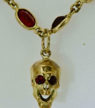 Astonishing Antique Victorian 14k Gold&18ct Garnets Skull Pendant Necklace.  14g