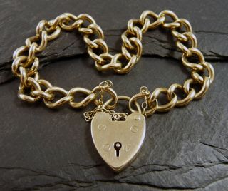 Antique Victorian 9ct Gold Curb Charm Bracelet Heart Padlock - Heavy 34g - 8 "