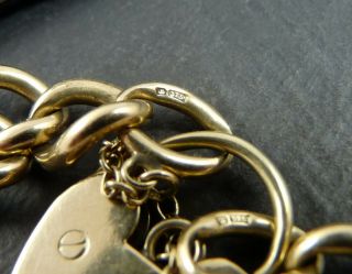 Antique Victorian 9ct Gold Curb Charm Bracelet Heart Padlock - Heavy 34g - 8 