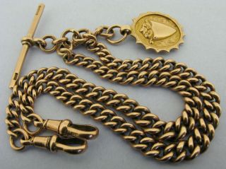 Heavy Antique Solid 9ct Rose Gold Double Albert Watch Chain T - Bar & Fob Bir 1919 12