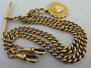 Heavy Antique Solid 9ct Rose Gold Double Albert Watch Chain T - Bar & Fob Bir 1919 2